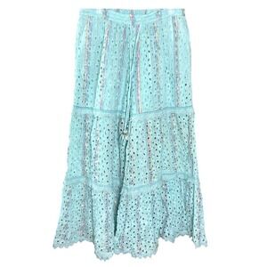 BAROK Boho Tiered Wide Leg Eyelet‎ Lurex Crochet Palazzo Pants w pockets L NWOT